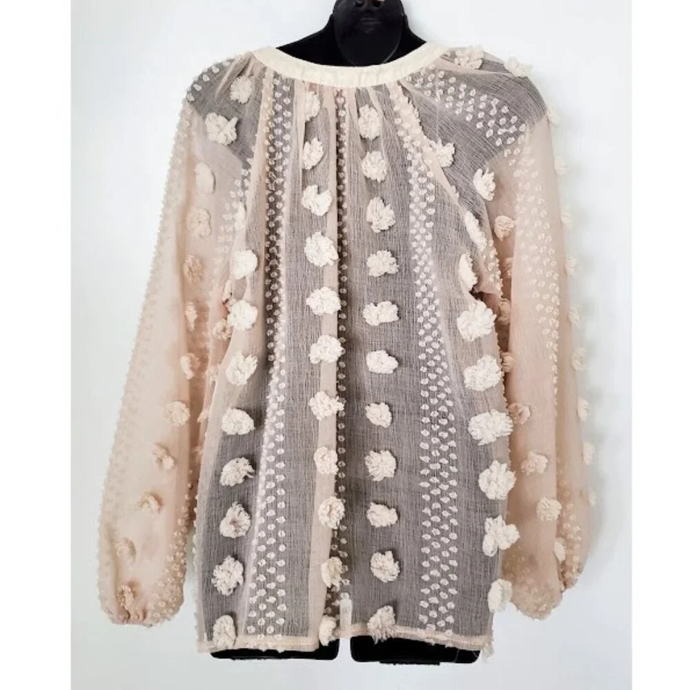 NWT The Line of Style Sheer V-Neck 3D Tufty Puff Sleeve Cream Top Flowy Size S